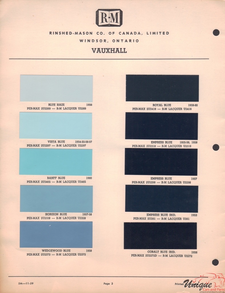 1957 Vauxhall Paint Charts RM 3